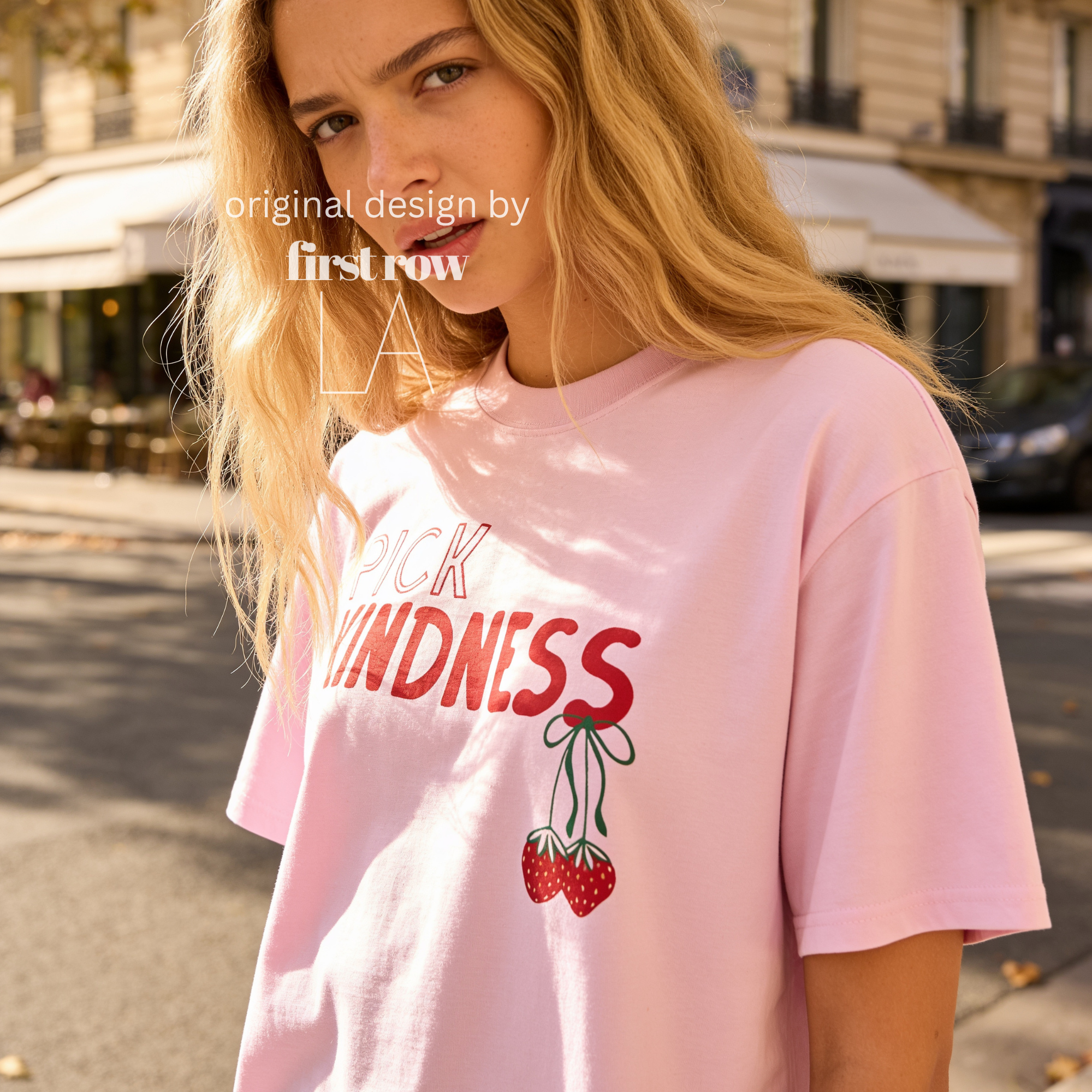 A woman wearing graphic t-shirt with the words 'PICK KINDNESS' and a strawberry illustration.

Original designs and copyright by first row LA 2025.