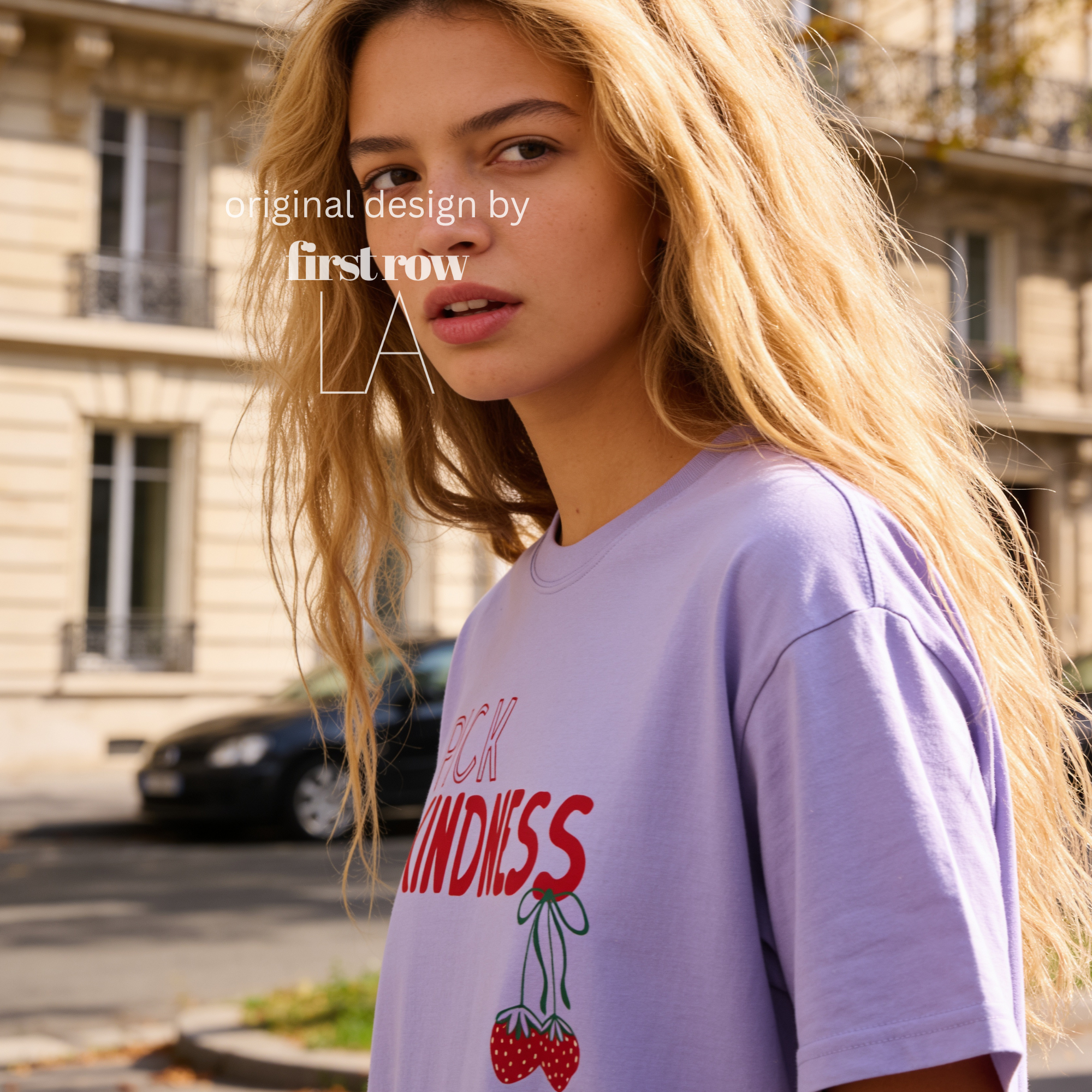 A woman wearing graphic t-shirt with the words 'PICK KINDNESS' and a strawberry illustration.

Original designs and copyright by first row LA 2025.
