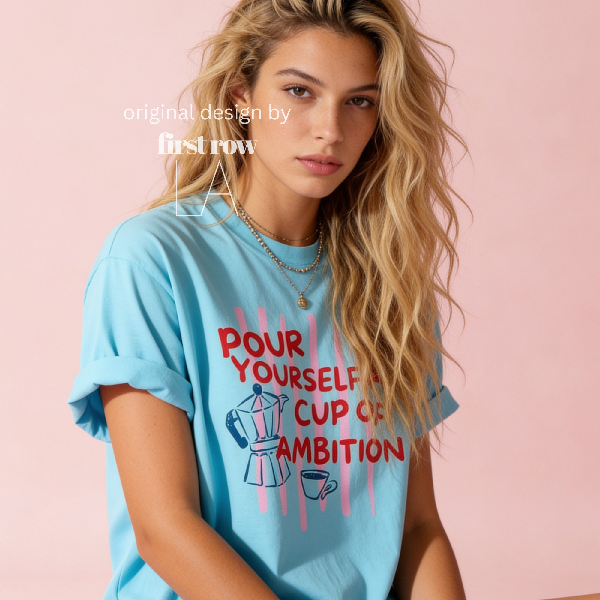 Woman wearing Dolly Parton "Pour Yourself a Cup of Ambition" Shirt, Retro Coffee Graphic, 9 to 5 Country Music Tee, Moka Pot, Coffee Club, Caffeine Lovera coffee mug illustration.

Original design and copyright by first row LA 2025.