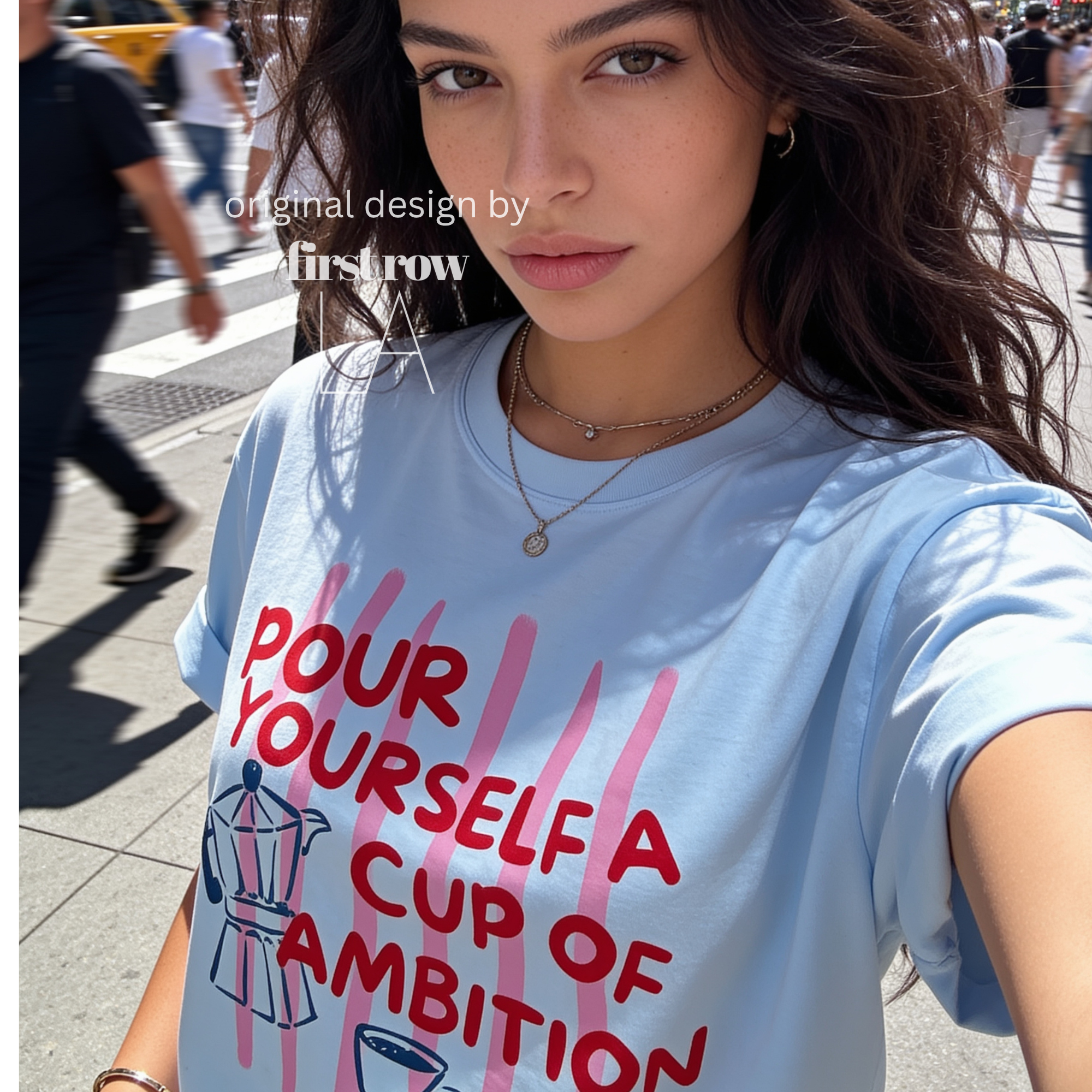 Woman wearing Dolly Parton "Pour Yourself a Cup of Ambition" Shirt, Retro Coffee Graphic, 9 to 5 Country Music Tee, Moka Pot, Coffee Club, Caffeine Lovera coffee mug illustration.

Original design and copyright by first row LA 2025.
