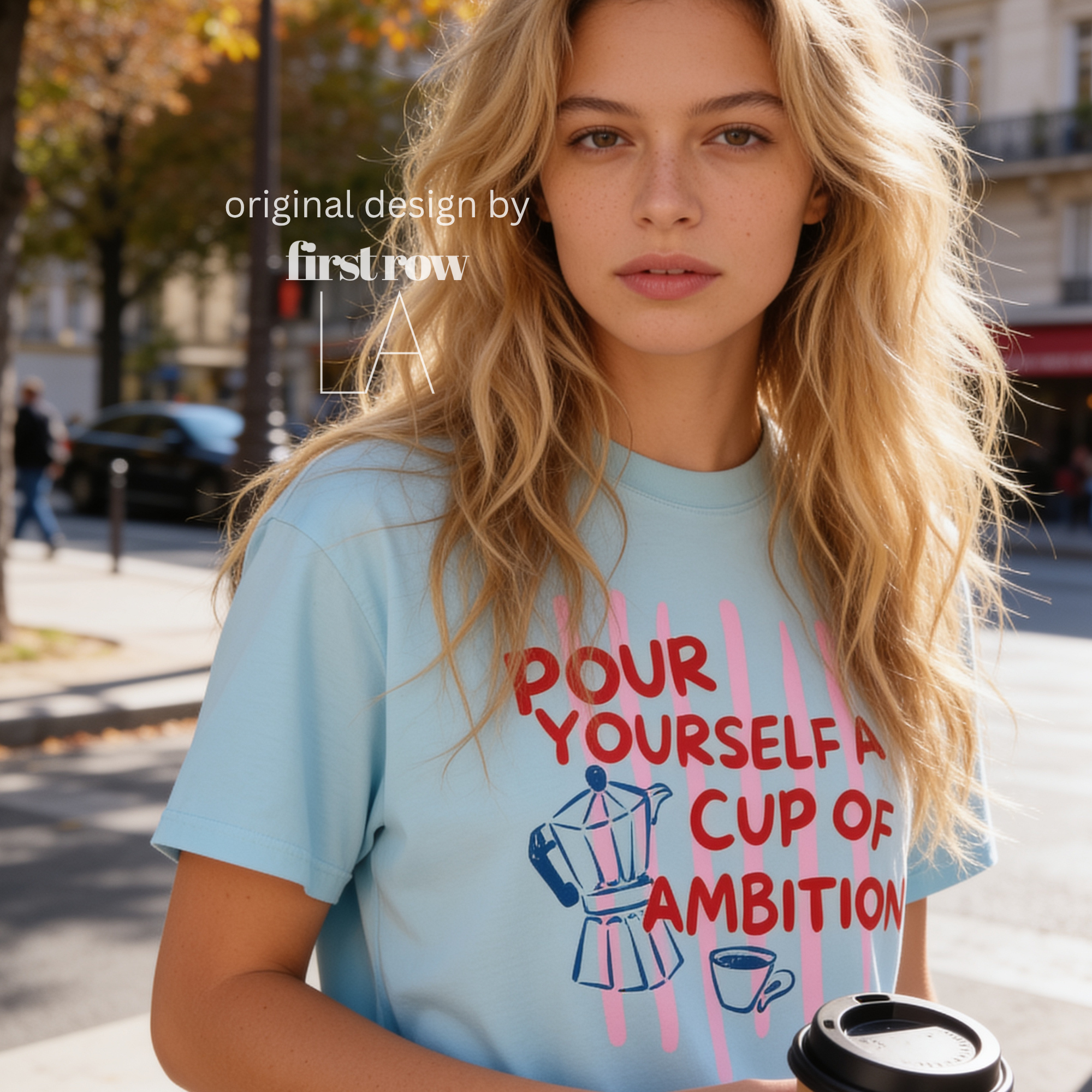 Woman wearing Dolly Parton "Pour Yourself a Cup of Ambition" Shirt, Retro Coffee Graphic, 9 to 5 Country Music Tee, Moka Pot, Coffee Club, Caffeine Lovera coffee mug illustration.

Original design and copyright by first row LA 2025.