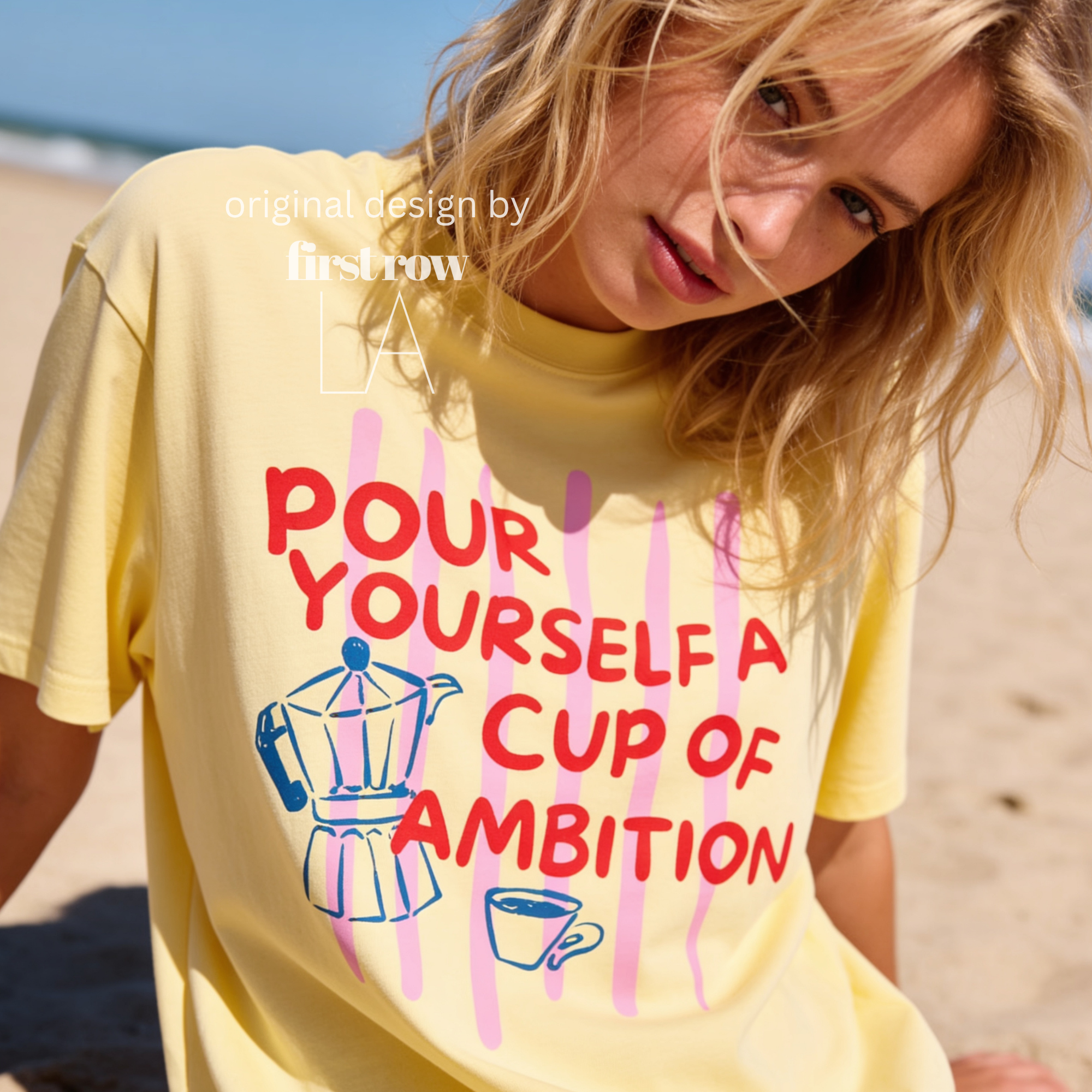 Woman wearing Dolly Parton "Pour Yourself a Cup of Ambition" Shirt, Retro Coffee Graphic, 9 to 5 Country Music Tee, Moka Pot, Coffee Club, Caffeine Lovera coffee mug illustration.

Original design and copyright by first row LA 2025.