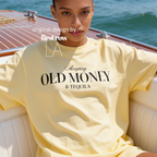A woman wearing a T-shirt with 'Accepting OLD MONEY & Tequila' print.

Original design and copyright by first row LA 2024.