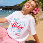 Woman wearing Aloha Hawaii T-Shirt, Tropical Beach Vacation Tee, Surfboard Flip Flop Flower Shirt, Summer Island Graphic Tee, Cute Hawaii Gift