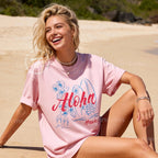 Woman wearing Aloha Hawaii T-Shirt, Tropical Beach Vacation Tee, Surfboard Flip Flop Flower Shirt, Summer Island Graphic Tee, Cute Hawaii Gift