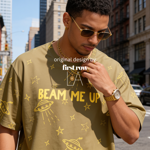 Man wearing Beam Me Up Shirt, UFO, Star, Space Lover Shirt, Alien Aesthetic T Shirt, All Over Print Tee, Retro Space Shirt, Unisex Galaxy Gift, Sci-Fi T