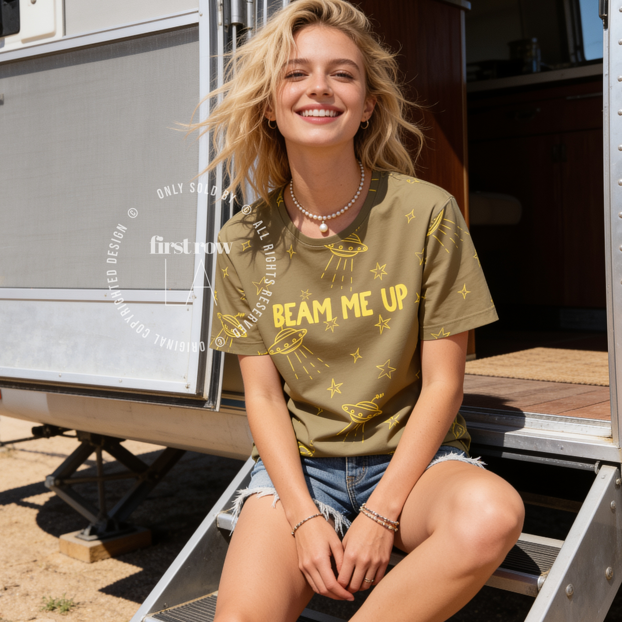 Woman wearing Beam Me Up Shirt, UFO, Star, Space Lover Shirt, Alien Aesthetic T Shirt, All Over Print Tee, Retro Space Shirt, Unisex Galaxy Gift, Sci-Fi T