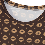 Close-up of a brown fabric garment with a repeating lip print and small dots.

Original design and copyright by first row LA.