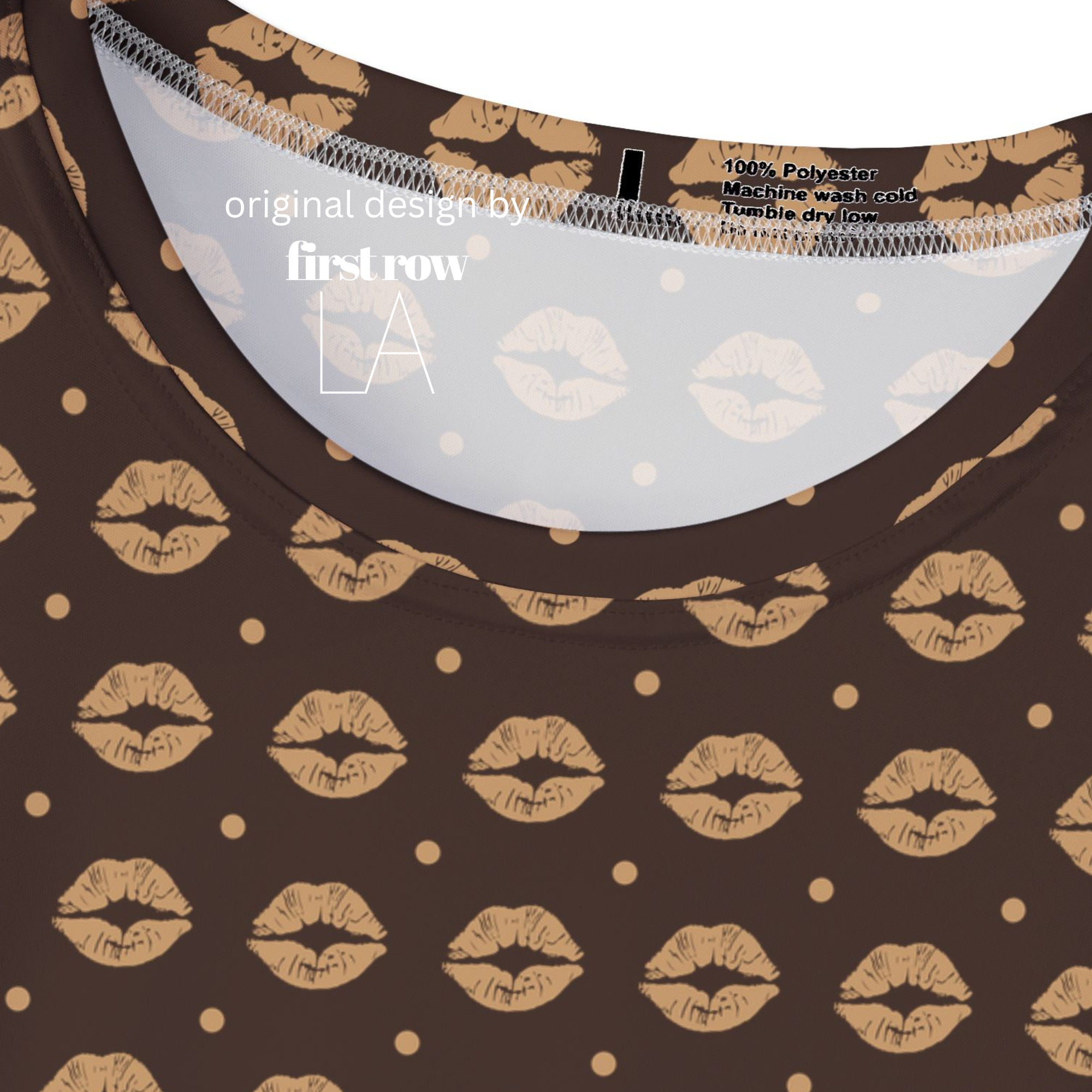 Close-up of a brown fabric garment with a repeating lip print and small dots.

Original design and copyright by first row LA.