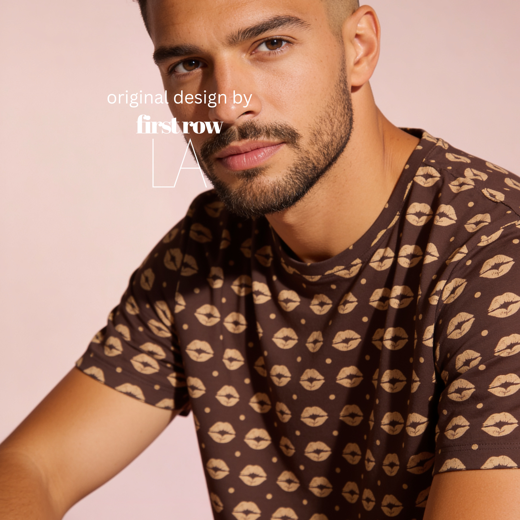 A man wearing a brown short-sleeve t-shirt with a repeating beige lip print.

Original design and copyright by first row LA.