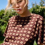 A woman wearing a brown short-sleeve t-shirt with a repeating beige lip print.

Original design and copyright by first row LA.