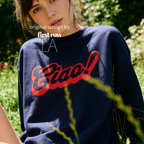 A woman wearing a crewneck sweatshirt with a red 'Ciao!' graphic on the front.

Original design and copyright by first row LA.