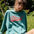 A woman wearing a crewneck sweatshirt with a red 'Ciao!' graphic on the front.

Original design and copyright by first row LA.