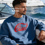 A man sitting on a boat wearing a blue crewneck sweatshirt with a red 'Ciao!' graphic printed on the front. 

Original design and copyright by first row LA.
