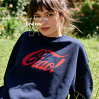 A woman outdoors wearing a navy blue sweatshirt with a large red 'Ciao!' graphic across the chest. 

Original design and copyright by first row LA.