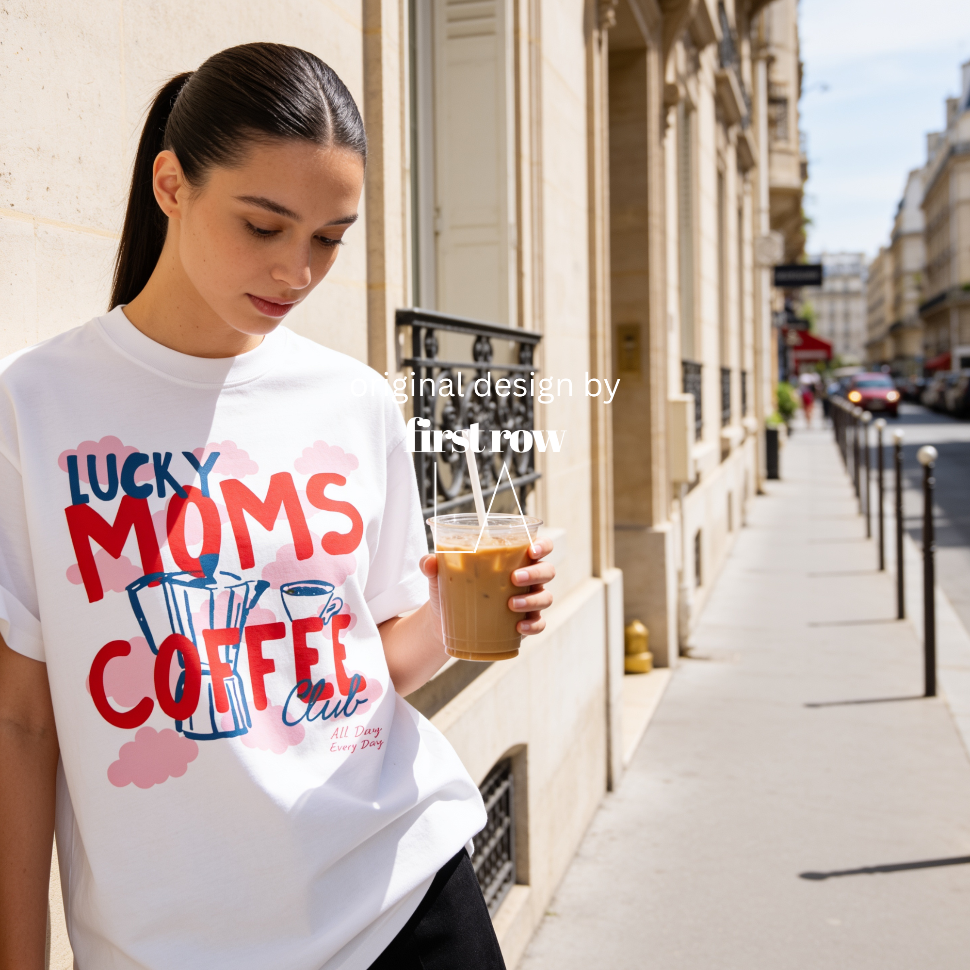Woman wearing Coffee Mom Shirt, Lucky Moms Coffee Club Tee, Cute Coffee Lover Gift for Mom, Moka Pot T-Shirt, Pink Cloud Graphic Tee, Mother's Day Gift