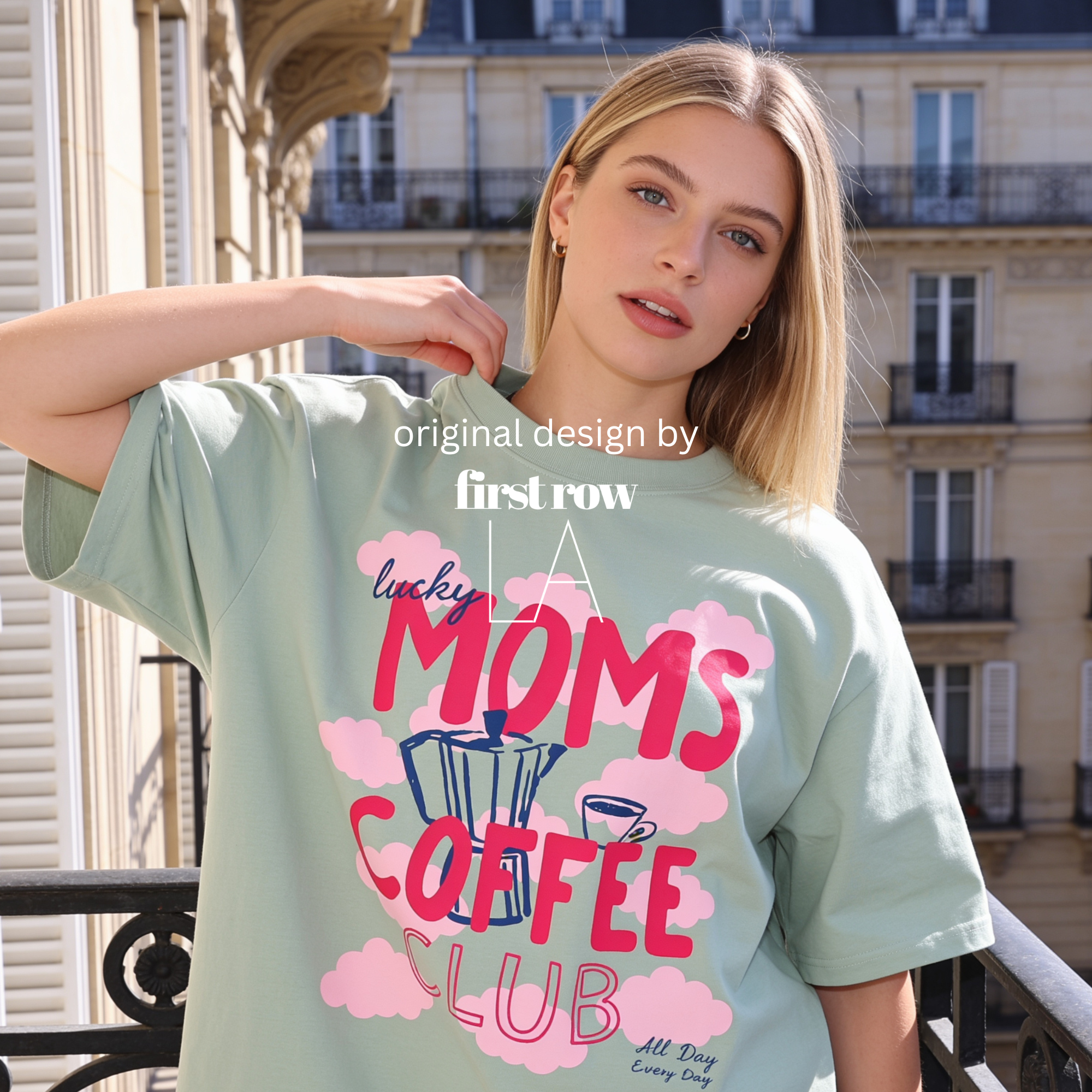 Woman wearing Coffee Mom Shirt, Lucky Moms Coffee Club Tee, Cute Coffee Lover Gift for Mom, Moka Pot T-Shirt, Pink Cloud Graphic Tee, Mother's Day Gift