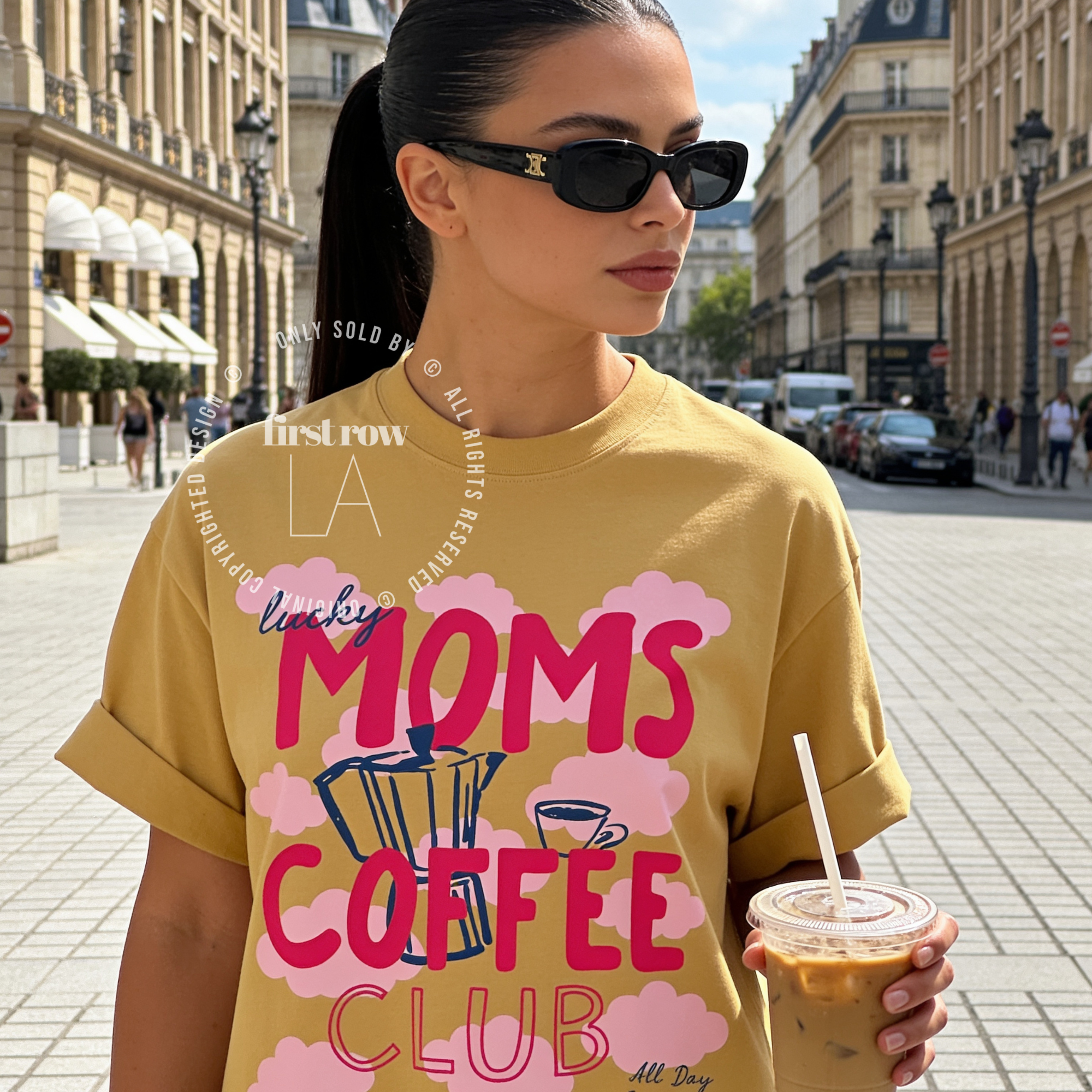 Woman wearing Coffee Mom Shirt, Lucky Moms Coffee Club Tee, Cute Coffee Lover Gift for Mom, Moka Pot T-Shirt, Pink Cloud Graphic Tee, Mother's Day Gift