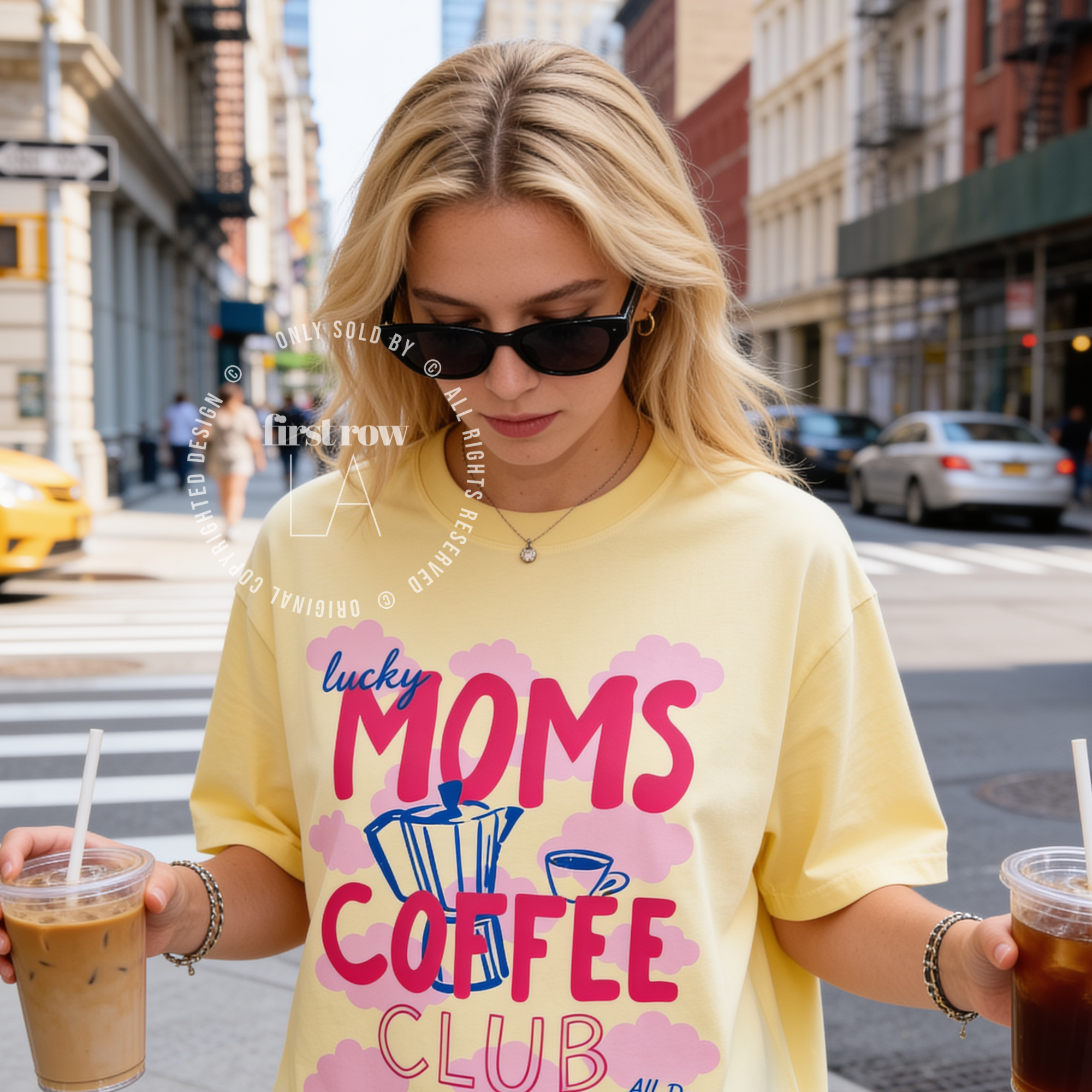 Woman wearing Coffee Mom Shirt, Lucky Moms Coffee Club Tee, Cute Coffee Lover Gift for Mom, Moka Pot T-Shirt, Pink Cloud Graphic Tee, Mother's Day Gift