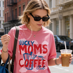 Woman wearing Coffee Mom Shirt, Lucky Moms Coffee Club Tee, Cute Coffee Lover Gift for Mom, Moka Pot T-Shirt, Pink Cloud Graphic Tee, Mother's Day Gift