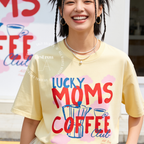 Woman wearing Coffee Mom Shirt, Lucky Moms Coffee Club Tee, Cute Coffee Lover Gift for Mom, Moka Pot T-Shirt, Pink Cloud Graphic Tee, Mother's Day Gift