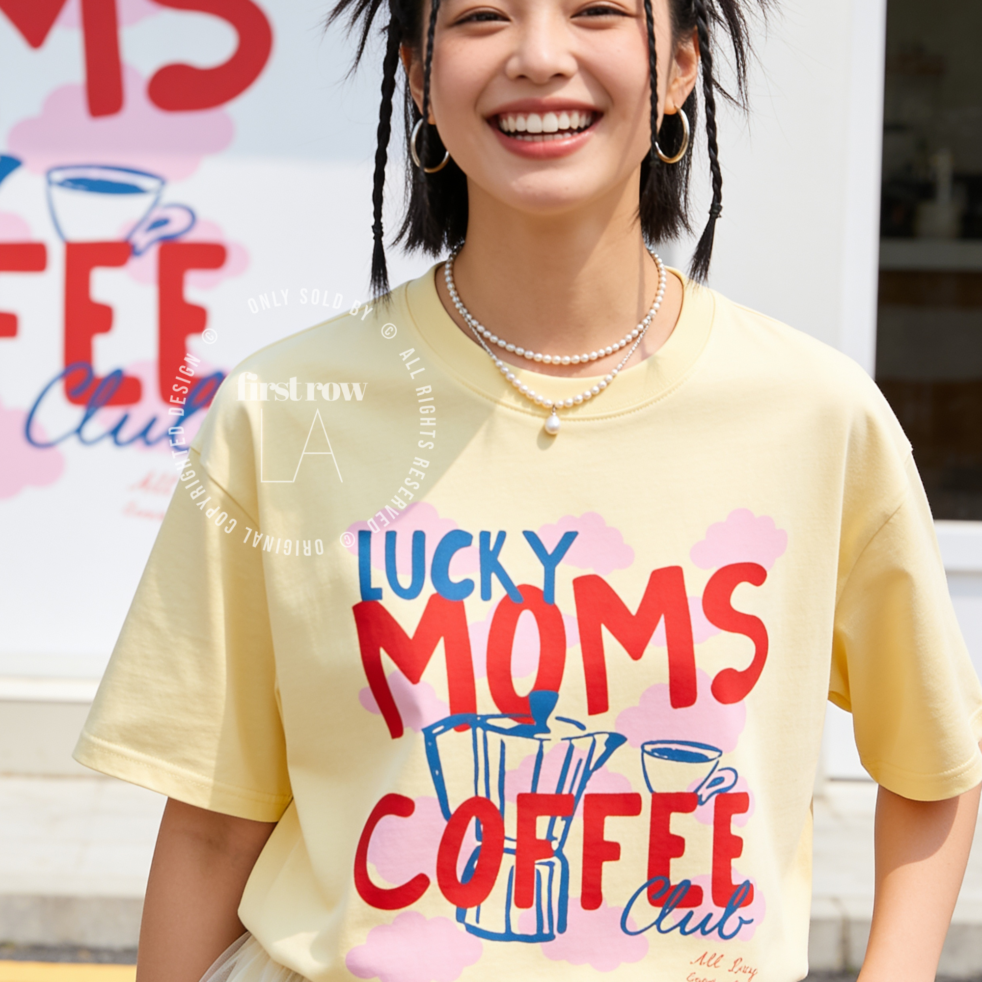 Woman wearing Coffee Mom Shirt, Lucky Moms Coffee Club Tee, Cute Coffee Lover Gift for Mom, Moka Pot T-Shirt, Pink Cloud Graphic Tee, Mother's Day Gift