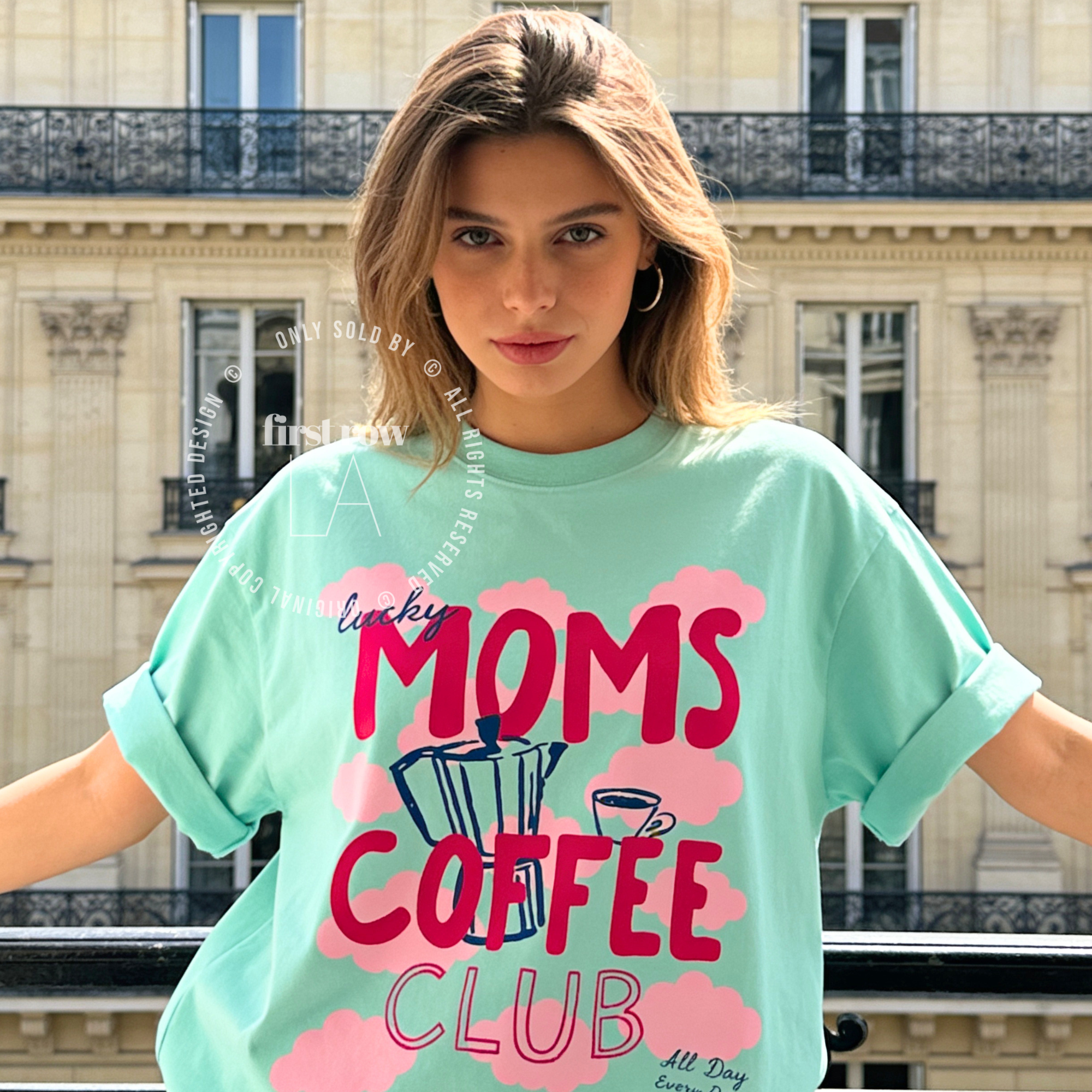 Woman wearing Coffee Mom Shirt, Lucky Moms Coffee Club Tee, Cute Coffee Lover Gift for Mom, Moka Pot T-Shirt, Pink Cloud Graphic Tee, Mother's Day Gift
