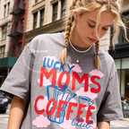 Woman wearing Coffee Mom Shirt, Lucky Moms Coffee Club Tee, Cute Coffee Lover Gift for Mom, Moka Pot T-Shirt, Pink Cloud Graphic Tee, Mother's Day Gift