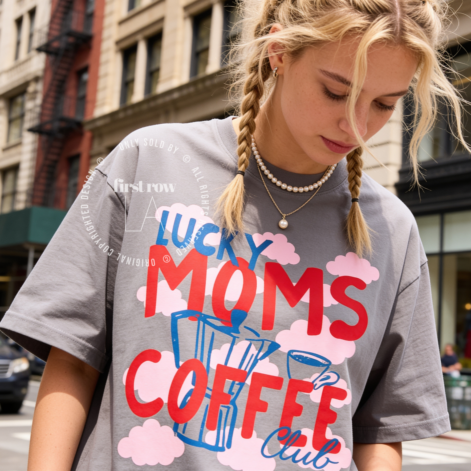 Woman wearing Coffee Mom Shirt, Lucky Moms Coffee Club Tee, Cute Coffee Lover Gift for Mom, Moka Pot T-Shirt, Pink Cloud Graphic Tee, Mother's Day Gift
