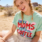 Woman wearing Coffee Mom Shirt, Lucky Moms Coffee Club Tee, Cute Coffee Lover Gift for Mom, Moka Pot T-Shirt, Pink Cloud Graphic Tee, Mother's Day Gift