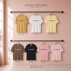 Color options for C'EST LA FUCKING VIE' T-shirt in mustard, white, banana, espresso, black, blossom, and pink. Original design by first row LA