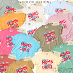 Color options for 'Lucky Moms Coffee Club, All Day Every Day' T-shirt. Hand drawn moka pot and coffee cup in blue on a background of pink clouds.
Original design and copyright by first row LA.