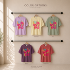 Color options for Dolce and Bananas T-shirts: lavender orchid, yellow banana, sage bay, deep berry, and crimson.. Banana, strawberry and cherry shirt. Original design by first row LA. 
