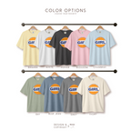 Color options for Girl T-shirt, retro T-shirt, Gulf Gas station logo, Pamela Anderson, Jessica Williams Shrinking, 90s fashion, Girl logo shirt, Y2K tee. Design and copyright by first row LA.
