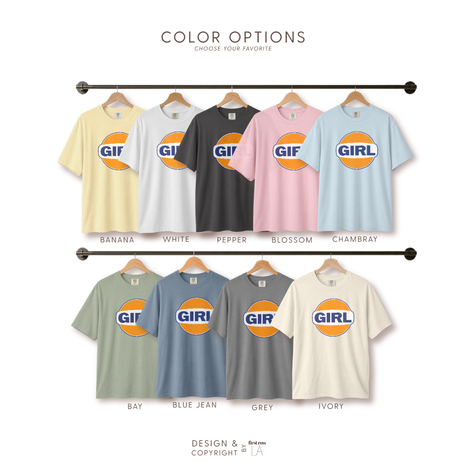 Color options for Girl T-shirt, retro T-shirt, Gulf Gas station logo, Pamela Anderson, Jessica Williams Shrinking, 90s fashion, Girl logo shirt, Y2K tee. Design and copyright by first row LA.