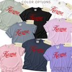 Color options for Karma Cowboy T-shirt. Available in  pale sage green, black, blue jeans, orchid, pink, navy, and lavender.

Original design and copyright by first row LA 2026.