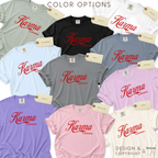 Color options for Karma Cowgirl T-shirt. Available in  pale sage green, black, blue jeans, orchid, pink, navy, and lavender.

Original design and copyright by first row LA 2026.
