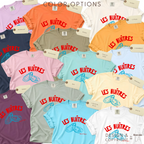 Color options for 'LES HUITRES' T-shirt. Red lettering blue oyster drawing.
Original design and copyright by first row LA.