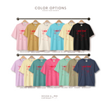 Color options for I NEED SPACE unisex T-shirt with UFOs and stars. Available in  pink, mustard, ivory, lagoon blue, banana, black, lavender, yellow, teal, pink, mint, khaki, and navy. Original design and copyright by first row LA.
