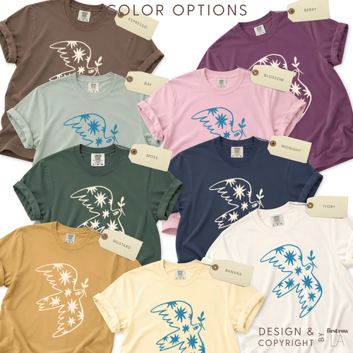 Color options for Peace Dove T-shirt. Available colors: brown, mint, purple, pink, green, navy, mustard, cream, and pale yellow.

Original design by first row LA.
