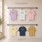 Color options for Extra Pickles Club T-shirts: lavender orchid, white, pink blossom, pale yellow banana, navy midnight, and mustard. Original design by first row LA.