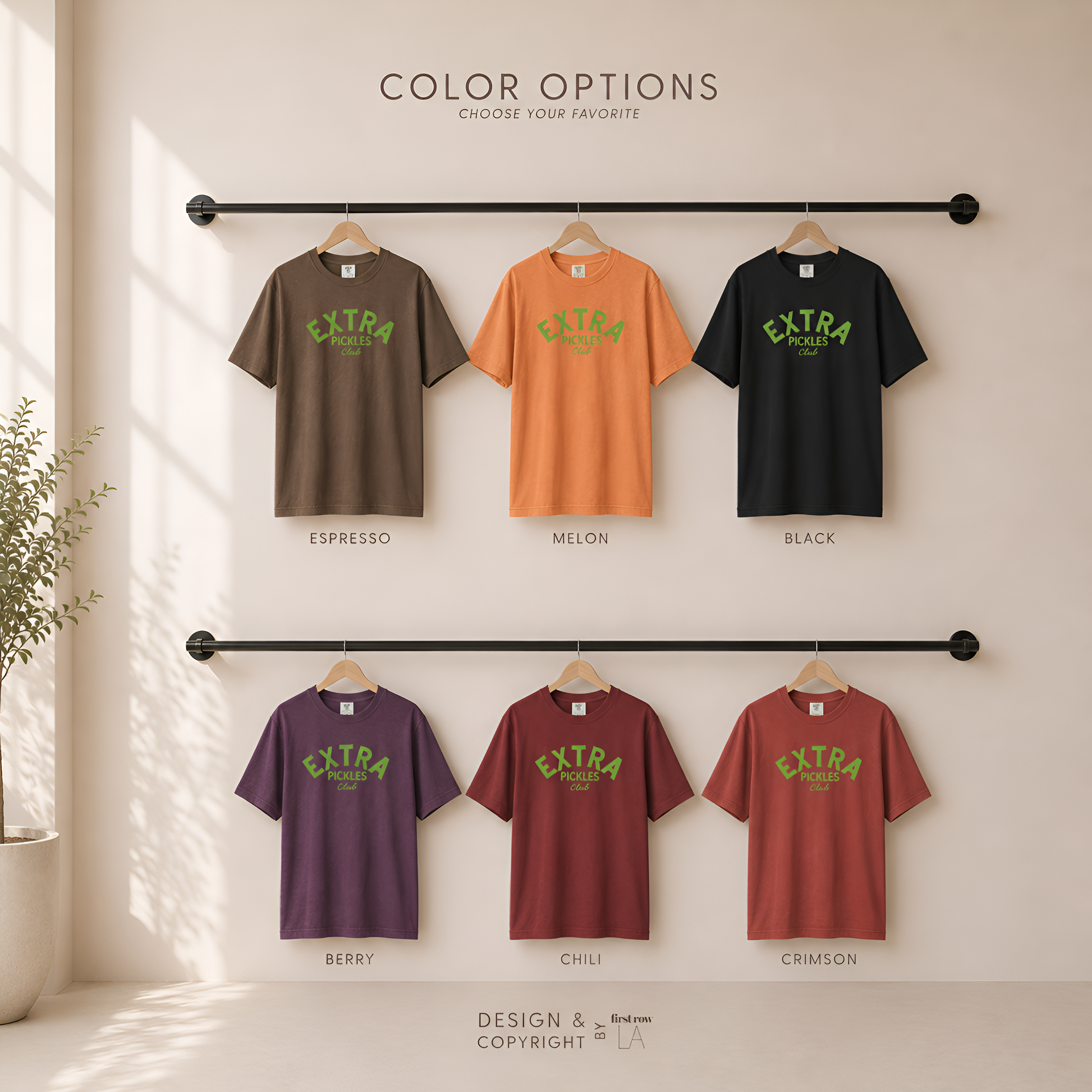 Color options for Extra Pickles Club T-shirt. Original design by first row LA.