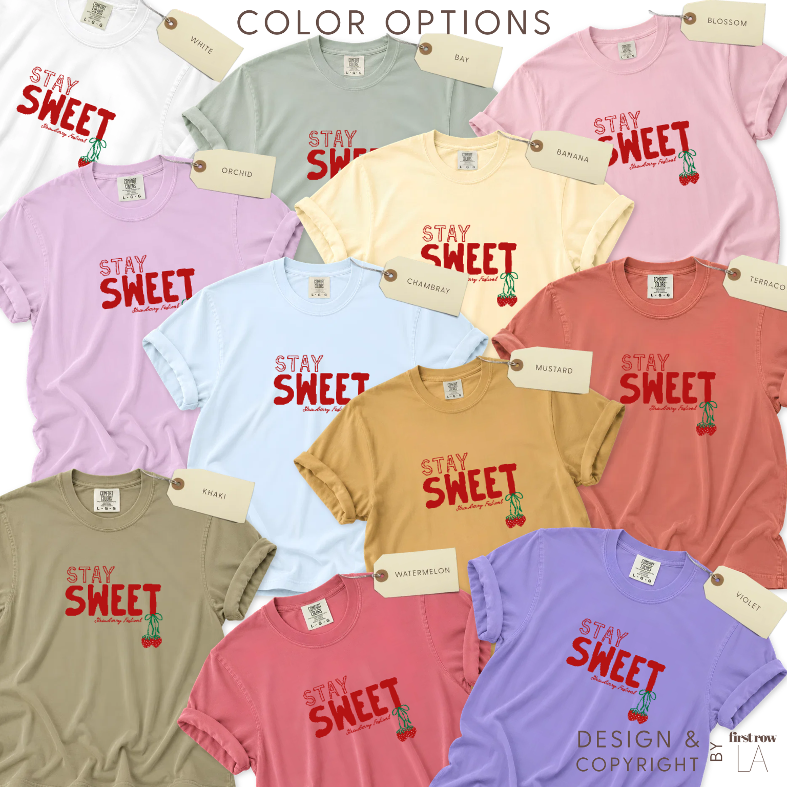 Color options for STAY SWEET t-shirt with cute strawberries hanging in a bow.

Stay Sweet Strawberry Festival Shirt, Coquette Tee, Cute Cottagecore T-Shirt, Summer Top, Summer Fruit Strawberry Tee, Farmers Market T

Original design and copright by first row LA 2026.