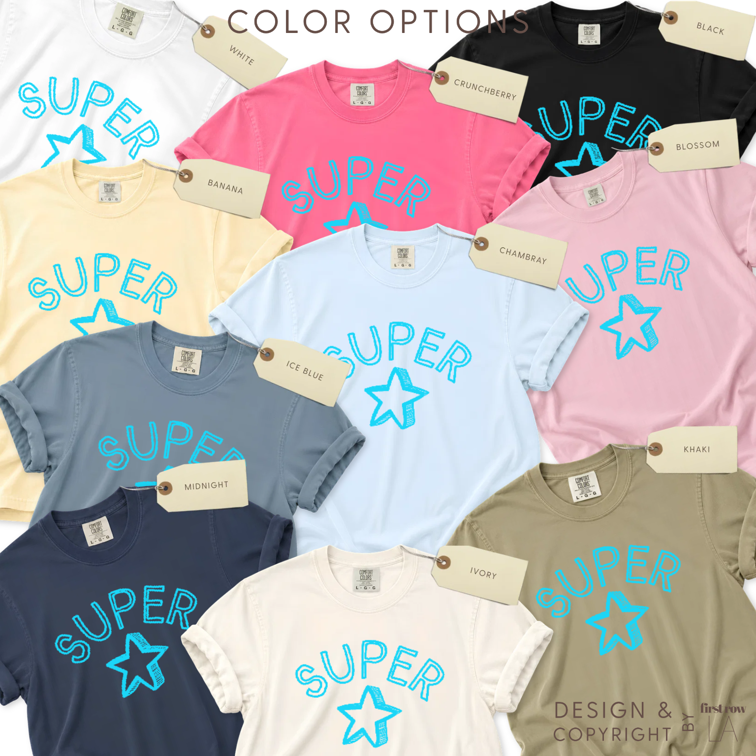 Color options for SUPER★STAR tee pairs playful lettering with a hand-drawn shooting star 

Available in white, pink, black, yellow, light blue, dusty blue, cream, navy, and khaki.

Original design and copyright by first row LA.
