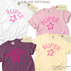 Color options for pink Super Star T-shirt in white, pink, berry purple, and pale yellow. 

Original design and copyright by first row LA 2026.