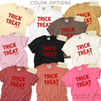 Color options for 'TRICK or TREAT Club' in dripping red letters.

Original design and copyright by first row LA.

Colors include: cream, white, tan, blush pink, black, brown, peach, and bright pink.