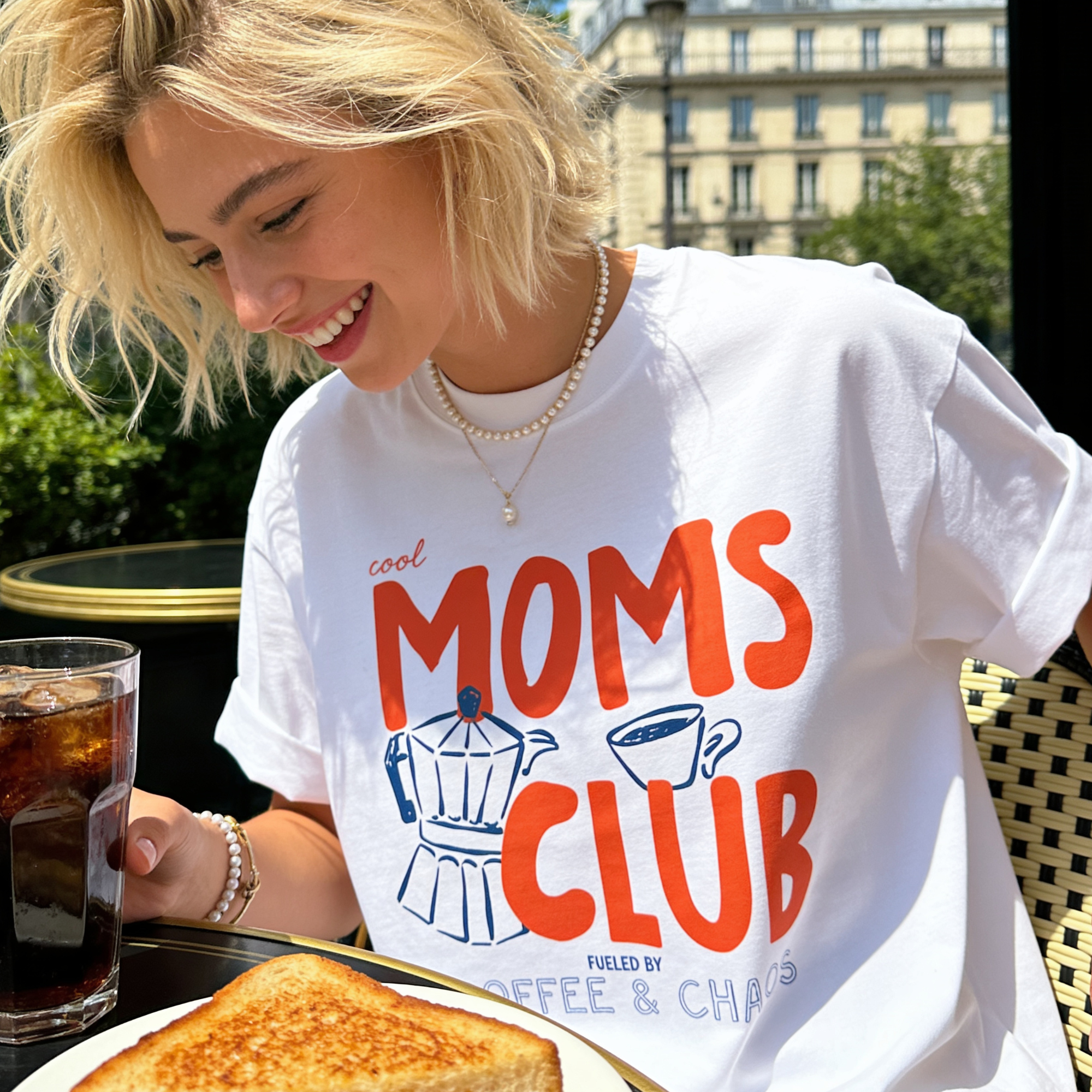 Woman wearing Cool Mom Club Shirt, Fueled by Coffee and Chaos Tee, Funny Mom Coffee T-Shirt, Mothers Day Gift, Handwritten Graphic Tee, Mom Life Shirt