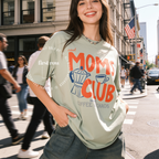 Woman wearing Cool Mom Club Shirt, Fueled by Coffee and Chaos Tee, Funny Mom Coffee T-Shirt, Mothers Day Gift, Handwritten Graphic Tee, Mom Life Shirt