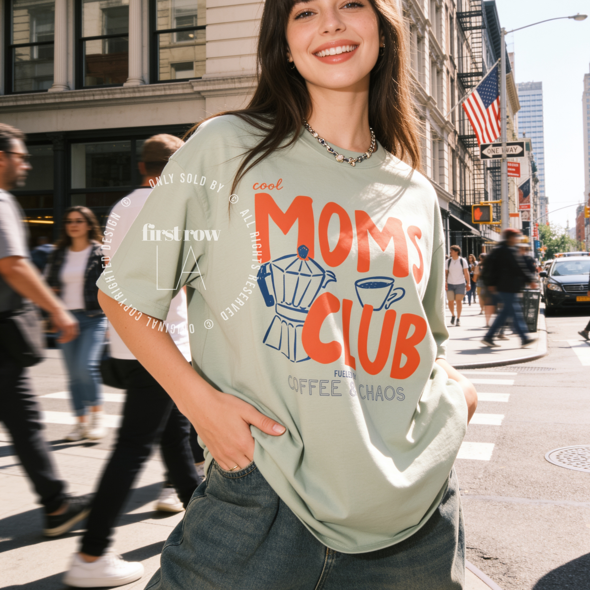 Woman wearing Cool Mom Club Shirt, Fueled by Coffee and Chaos Tee, Funny Mom Coffee T-Shirt, Mothers Day Gift, Handwritten Graphic Tee, Mom Life Shirt