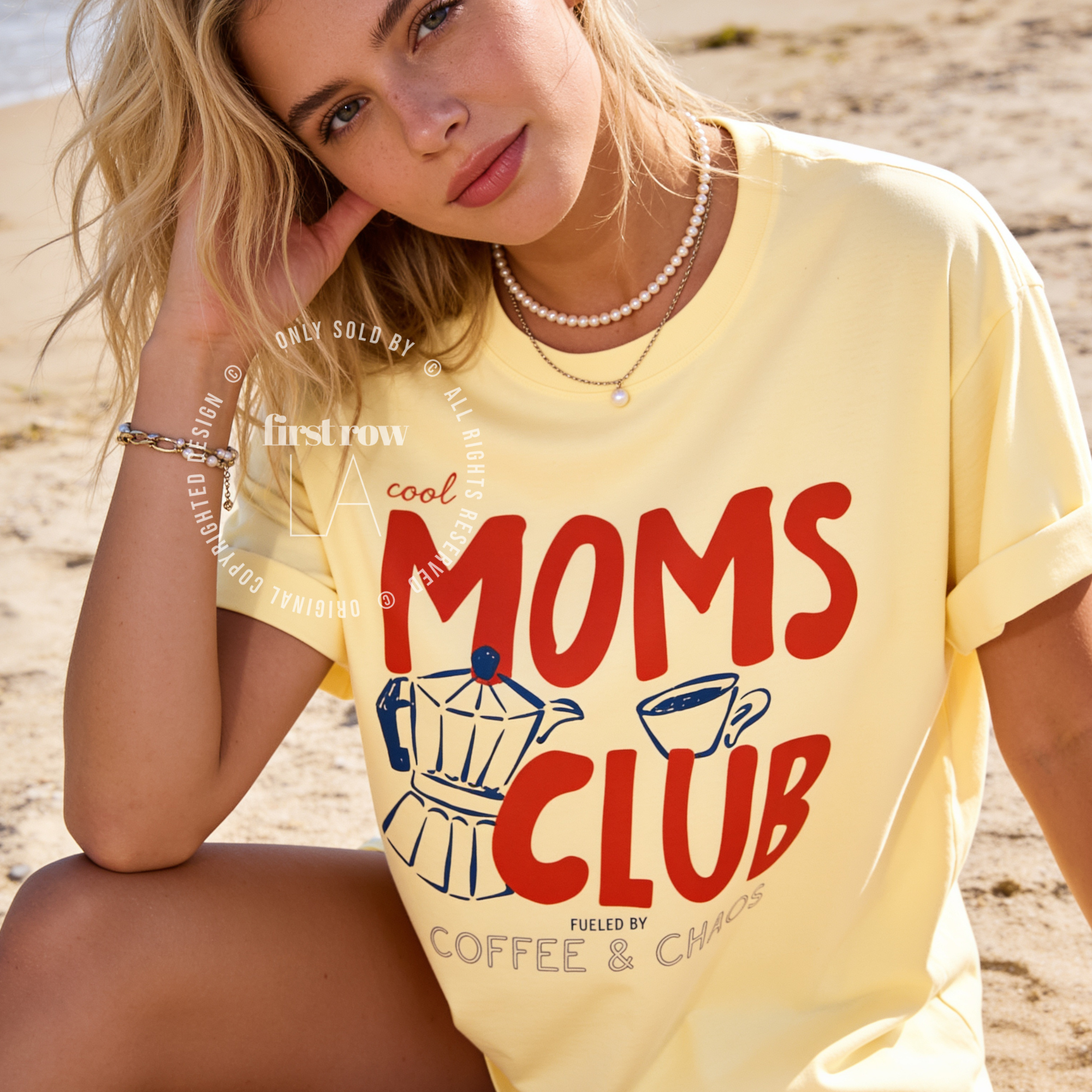 Woman wearing Cool Mom Club Shirt, Fueled by Coffee and Chaos Tee, Funny Mom Coffee T-Shirt, Mothers Day Gift, Handwritten Graphic Tee, Mom Life Shirt